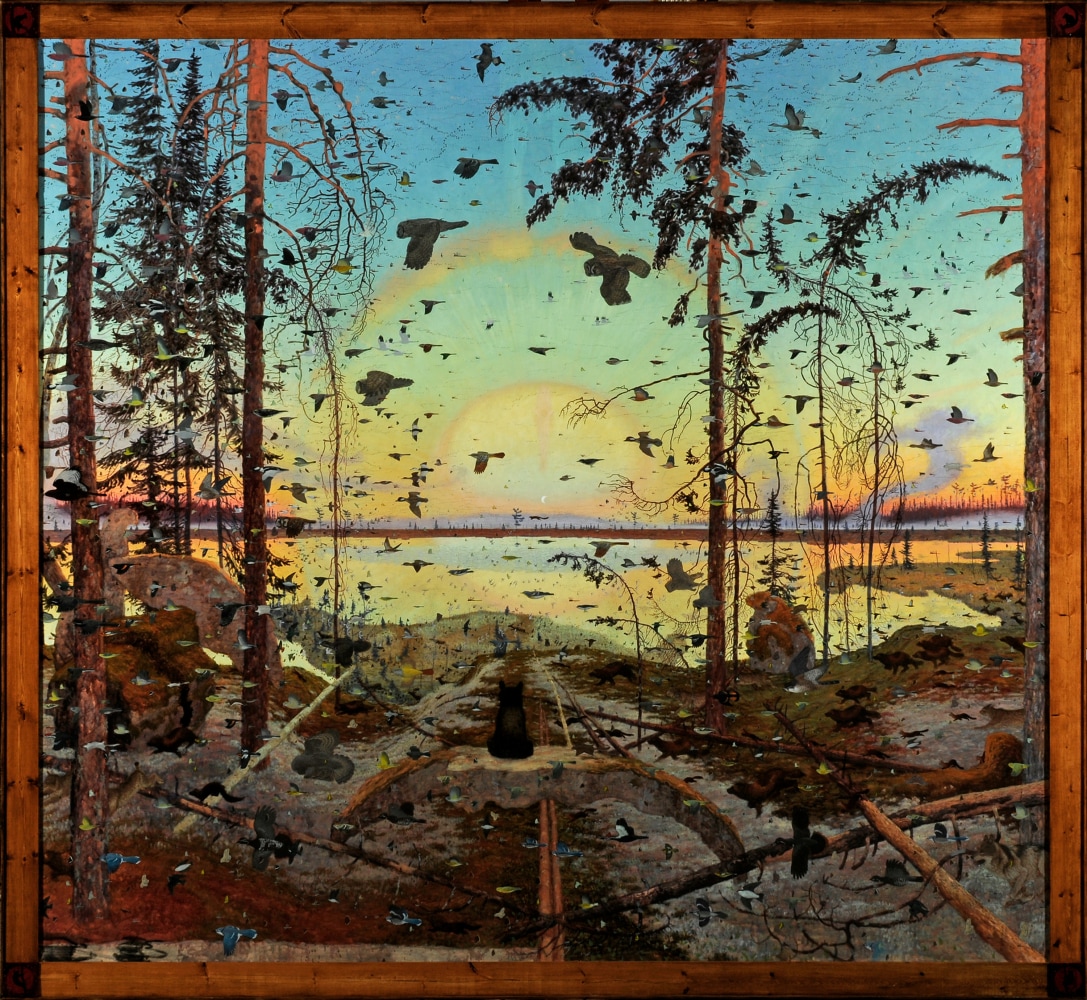 Enassamishhinjijweian, 2009, oil on linen, 103 x 112 inches, including artist&amp;#39;s hand painted frame