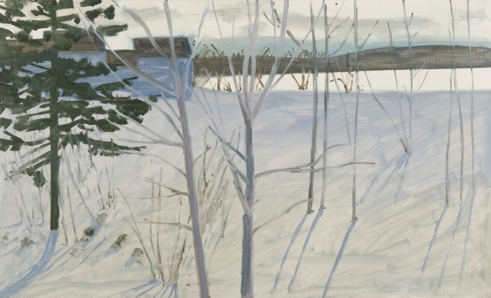 Painting of various trees in a snow-covered field, with a building and mountains in the background