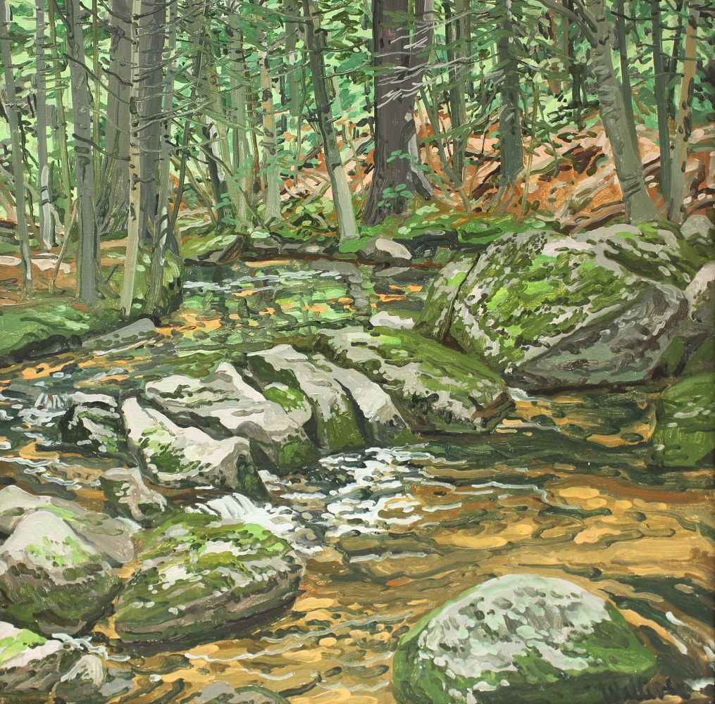 Landscape painting of a brook in a forest surrounded by moss-covered rocks