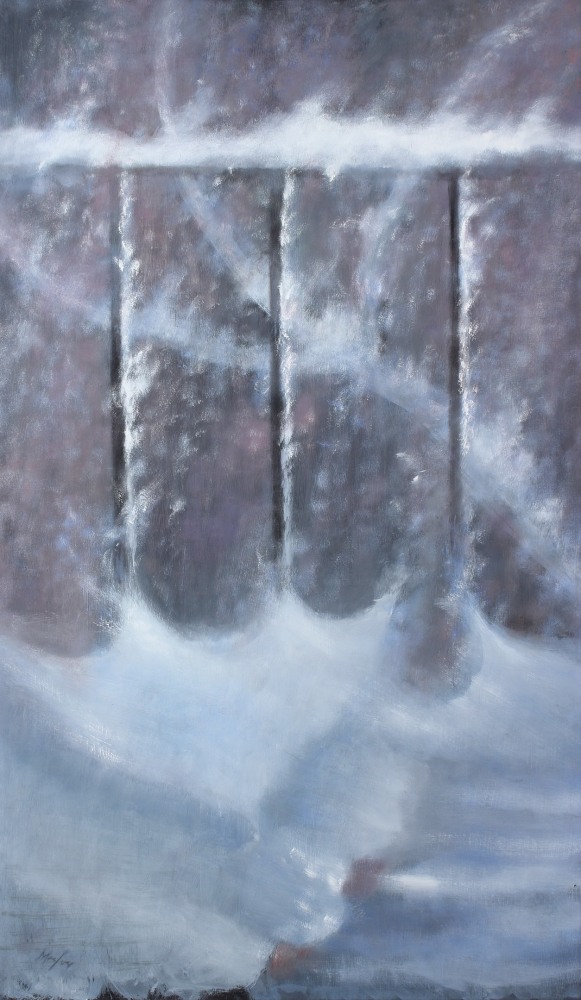 Atmospheric painting of a fire escape covered in snow