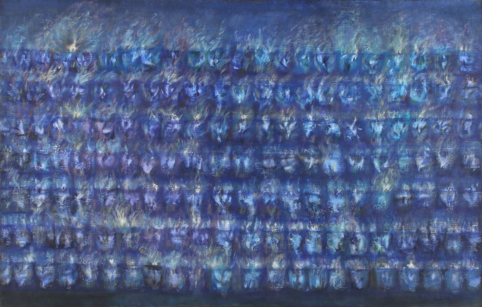 A blue painting filled with abstract, atmospheric votive candles