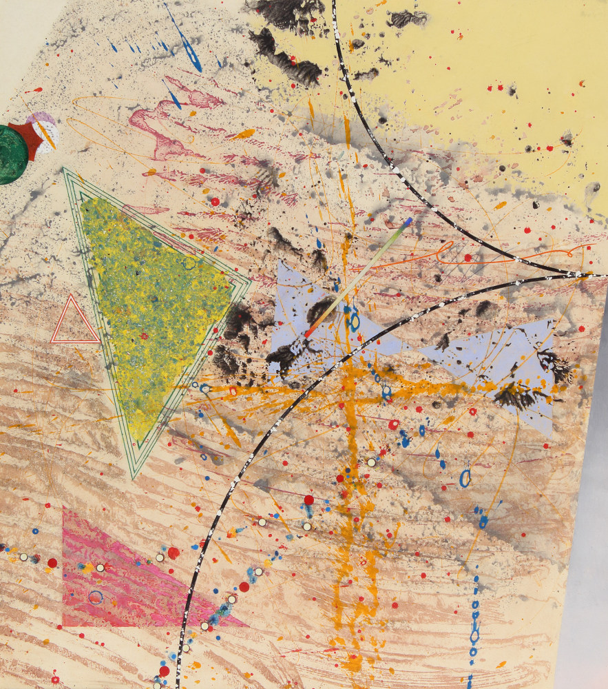 Geometric abstraction with two light blue triangles, a yellow-green triangle and a pink triangle on a cream-colored and yellow ground, with curvilinear lines stretching across the canvas