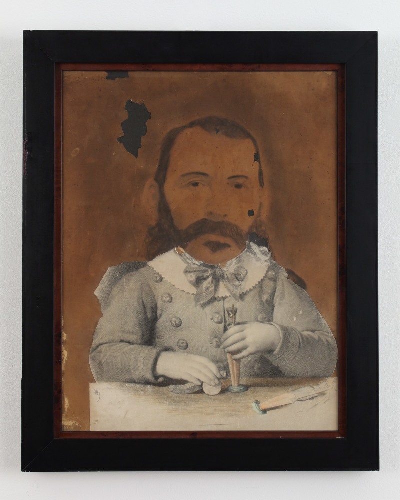 Framed collage made of an image of an adult head juxtaposed onto a drawing of a child's body