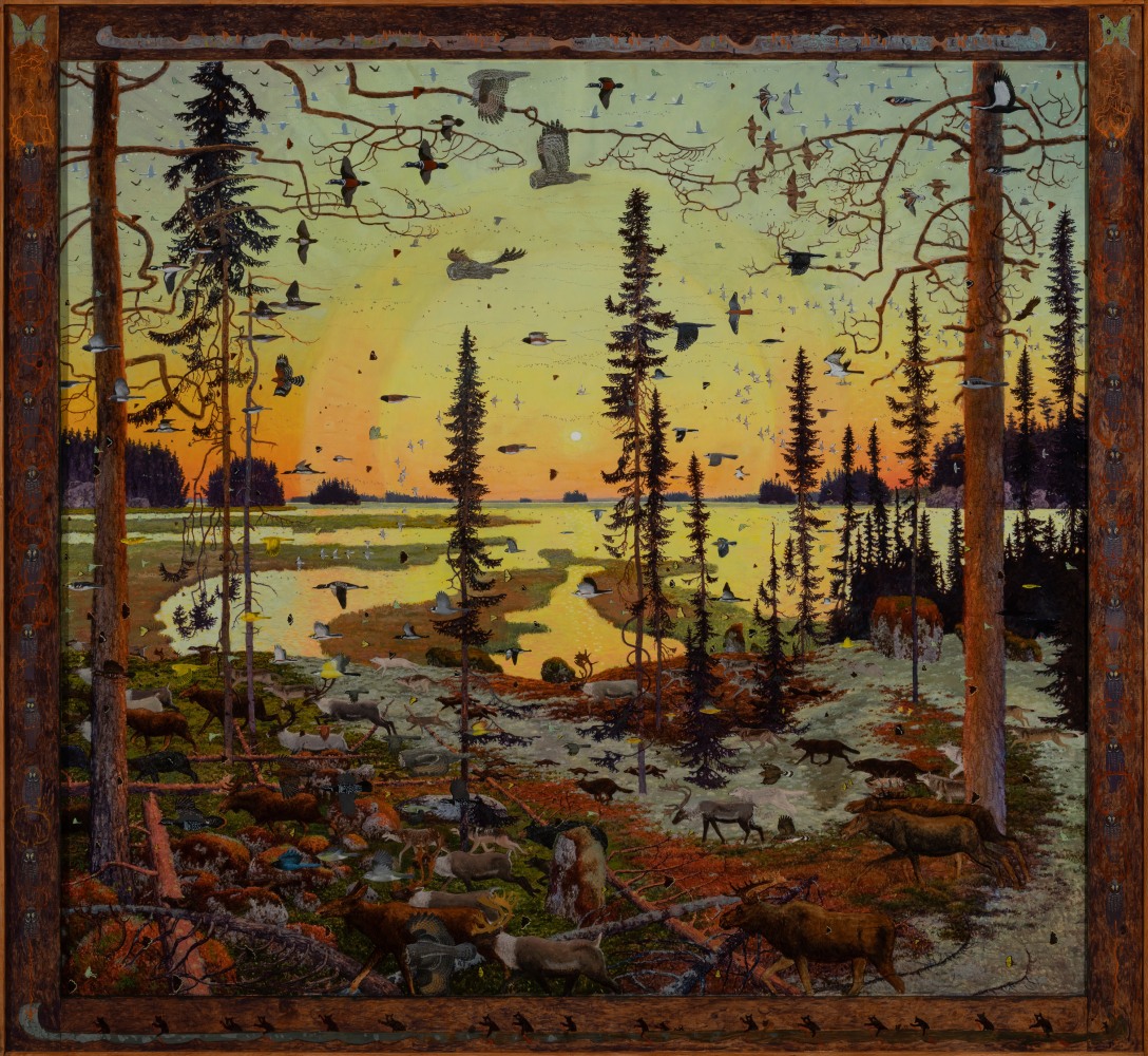 Painting of a forest scene at sunset, with a halo around the sun and a large migration of birds and animals