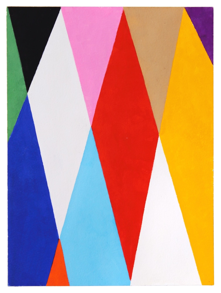 Geometric abstraction with diamond-shaped sections of black, pink, yellow, purple, white, blue, green, red and orange