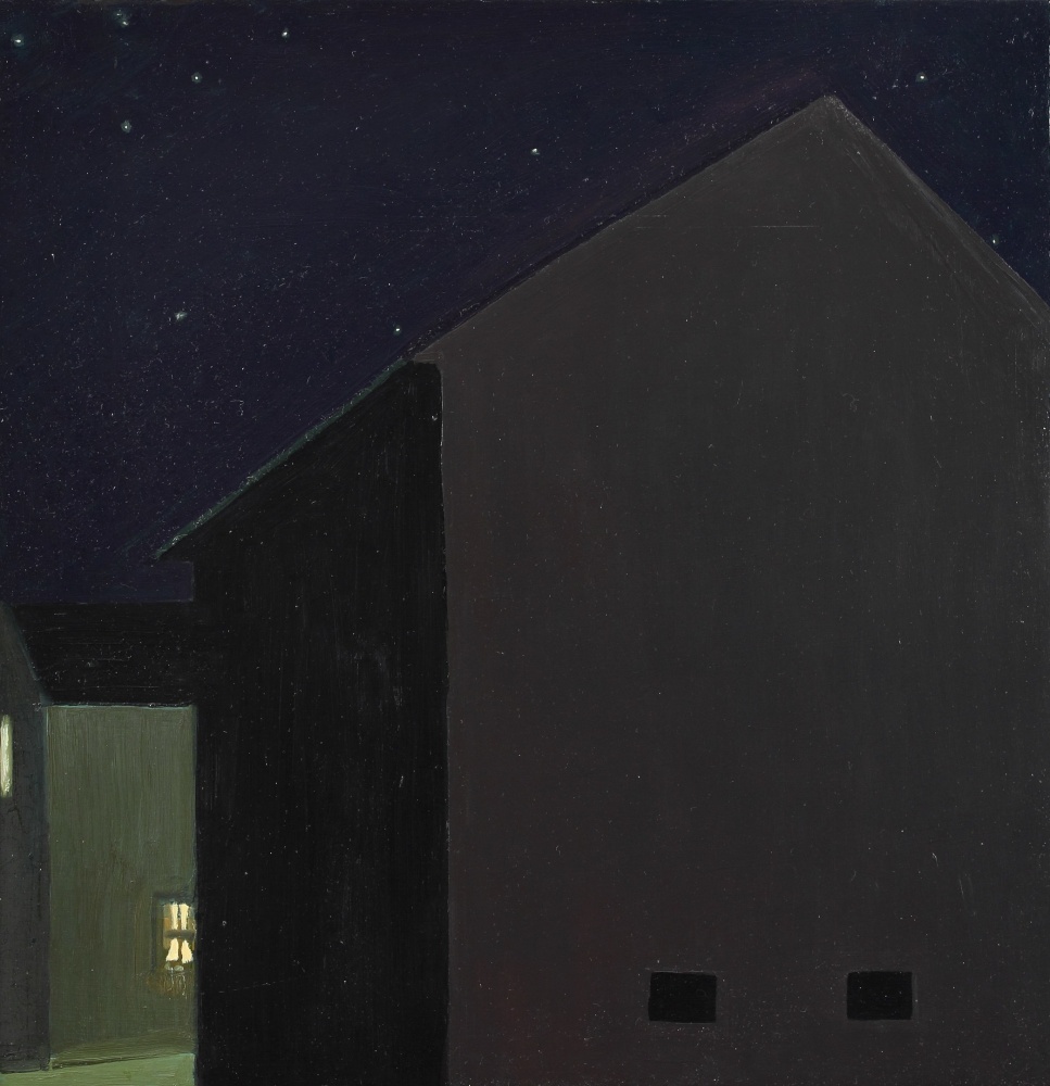 Painting of two dark buildings at night