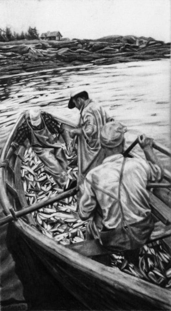 Realistic graphite drawing of three fishermen in a small boat filled with fish, with the man in the foreground pulling on a rope