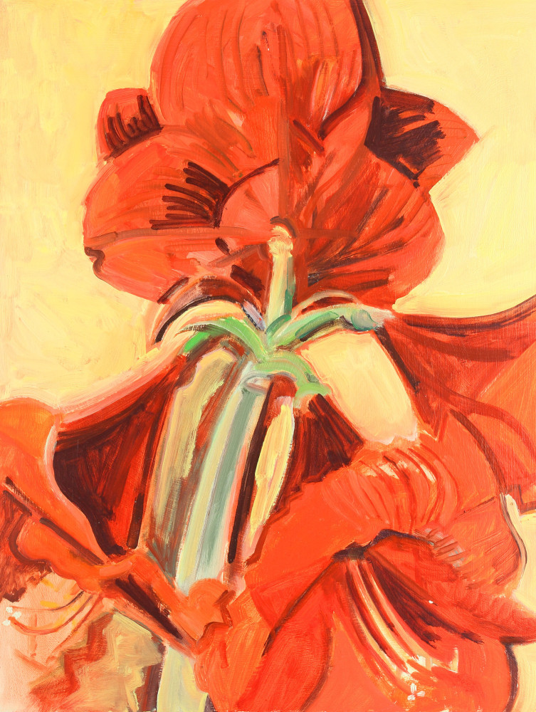 Painting of a close-up view of a red flower against a yellow background