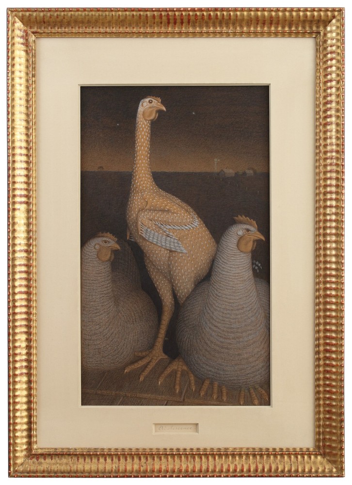 Painting of a yellow chicken with two older hens on either side, with a darkly-lit farm scene in the far distant background