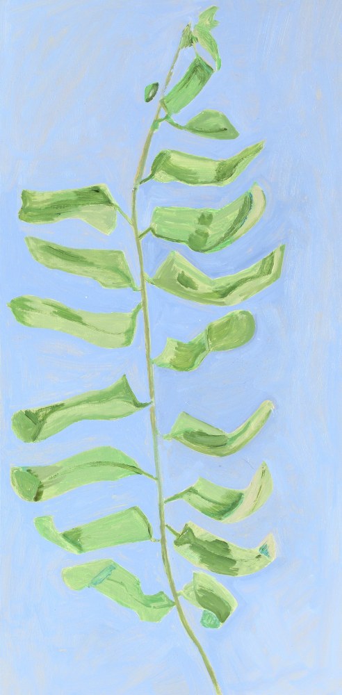 Lois Dodd, 18 Leaves and Sky, 2022, oil on wood panel, 16 x 8 inches