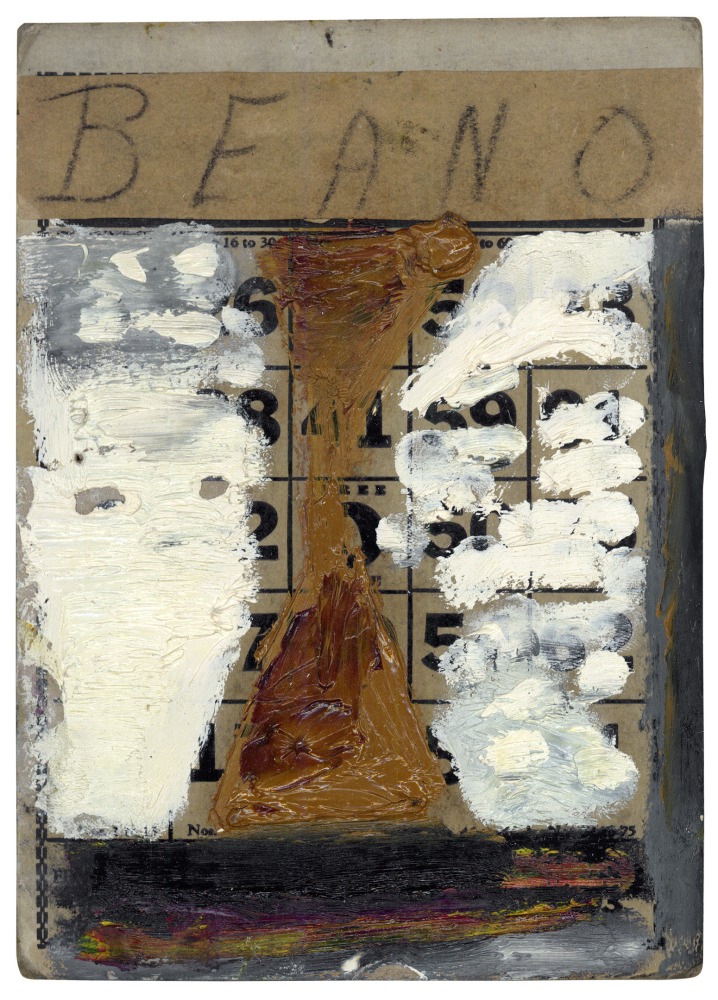 Abstract painting on paper consisting of swaths of black, white, yellow and brown paint on a brown surface, with script reading &quot;BEANO&quot; along the top of the card