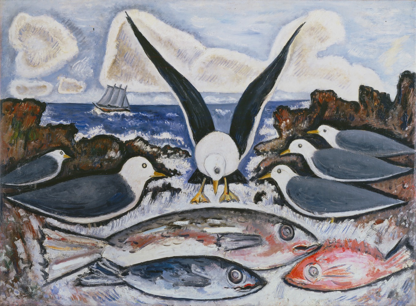 Painting of a group of birds surrounding three dead fish on the shore, with a seascape in the background