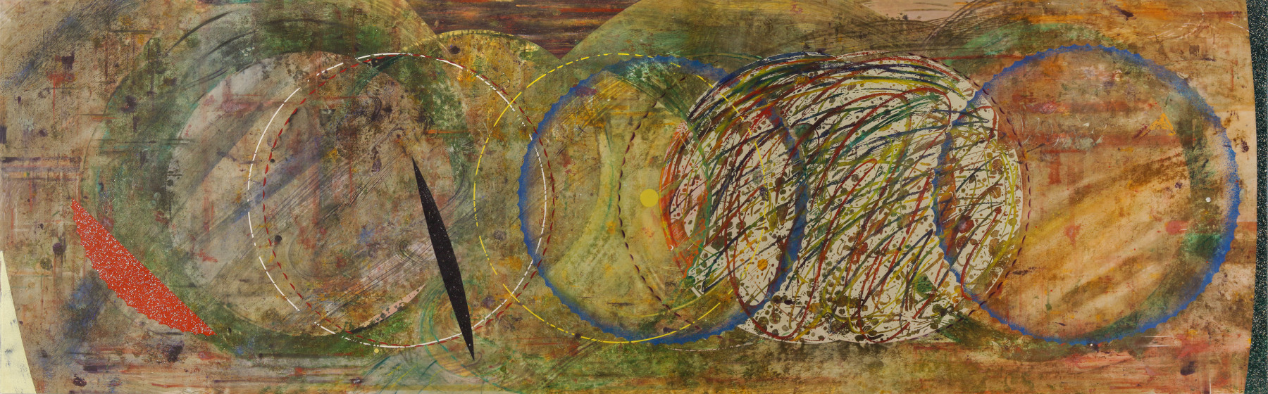 Abstract paintings with 10 circles of various colors intersecting in a horizontal line across a green, grey, brown and yellow ground
