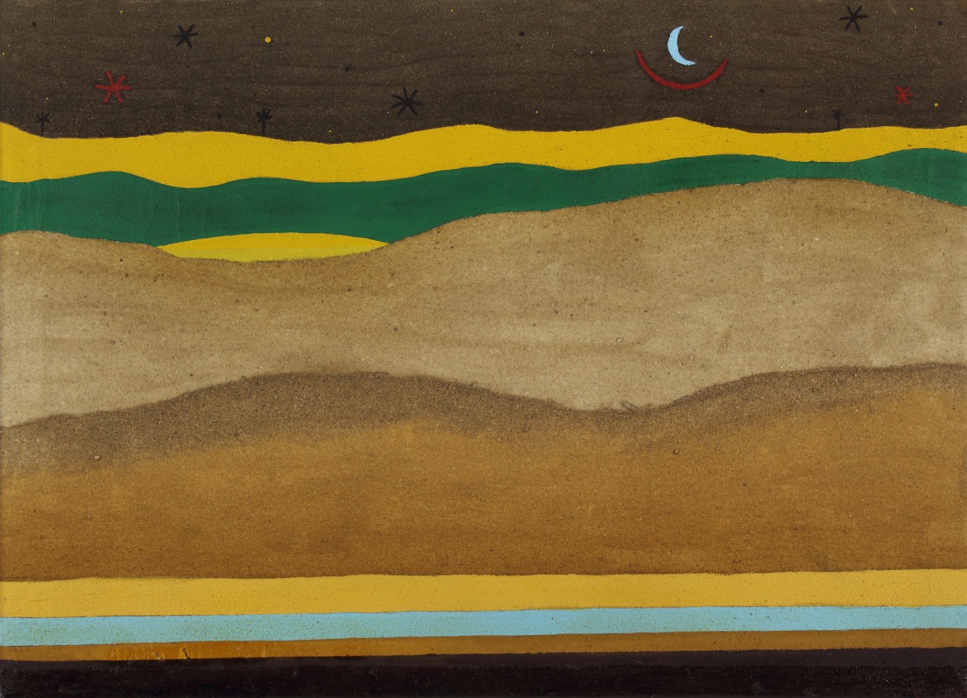 Painting of an abstract desert landscape under a night sky, with a crescent moon overhead