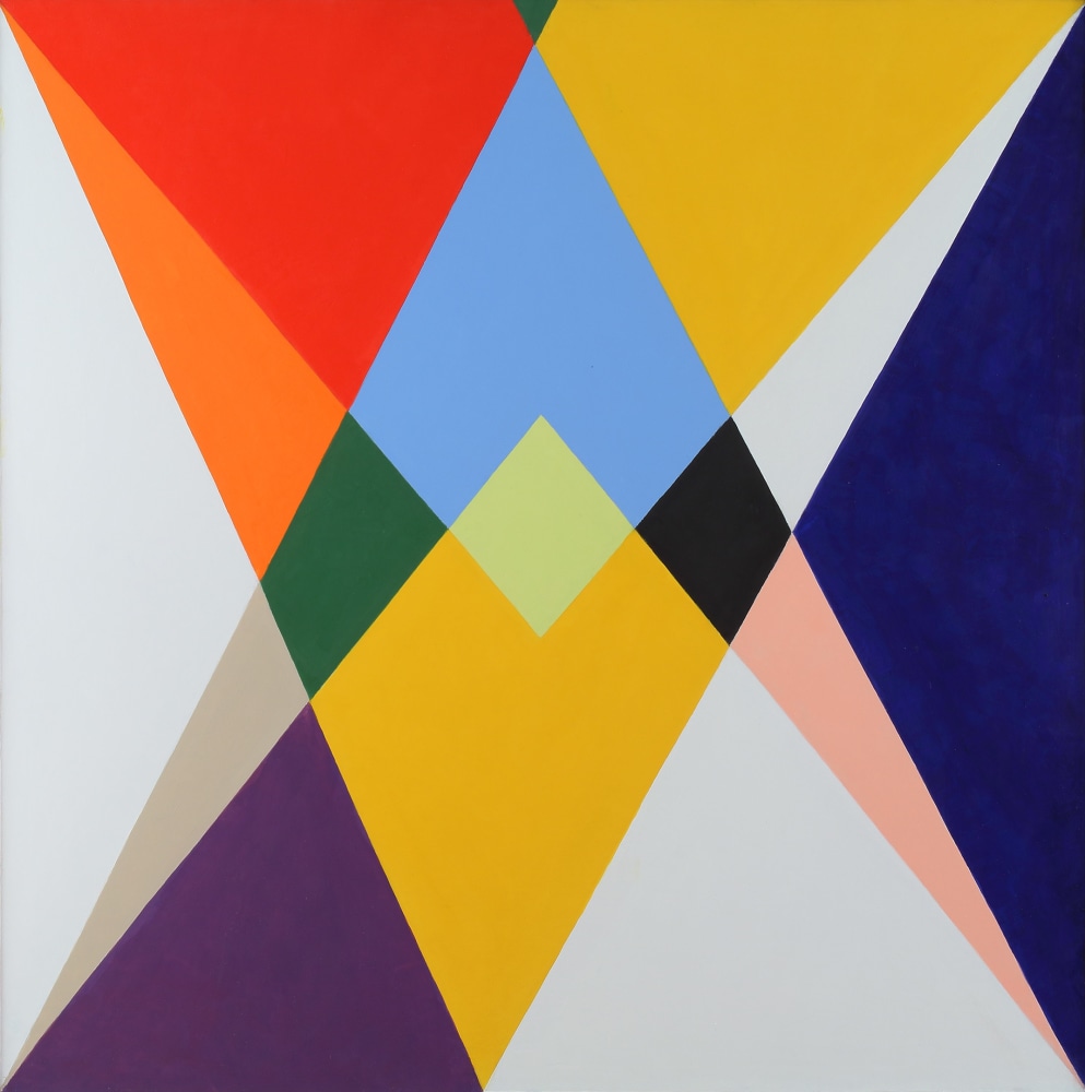 Geometric abstract painting with interlocking triangles and diamonds in white, yellow, orange, red, green, purple, blue, pink, tan, and black