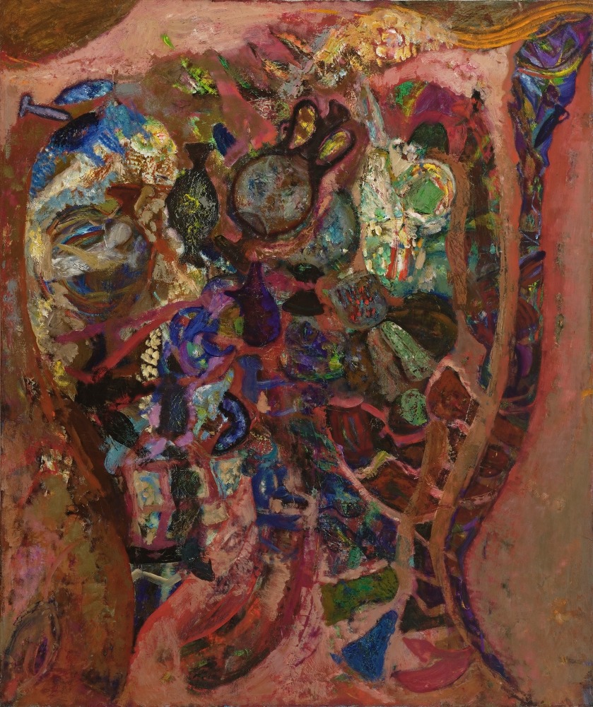 Abstract expressionist painting with various objects and organic forms in the middle of a fleshy pink field of paint