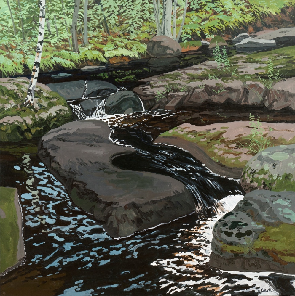 Landscape painting of a dark brook in a forest