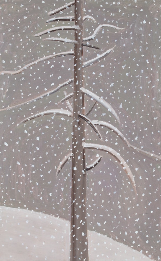 Painting of a tree with no leaves surrounded by snowfall