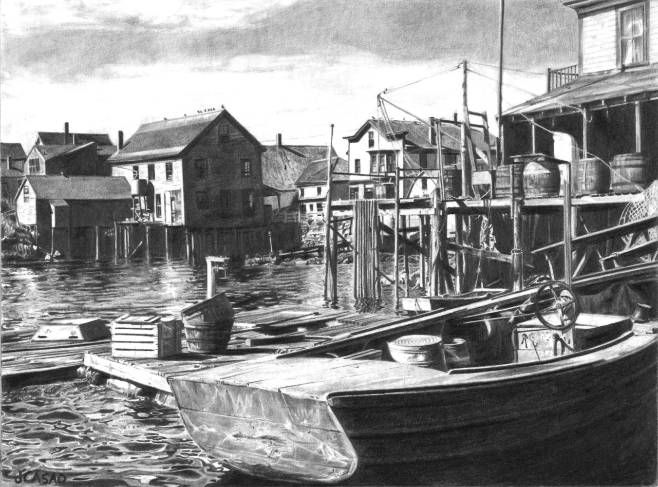 Realistic graphite drawing of a small fishing boat docked at a harbor, with buildings on stilts in the background