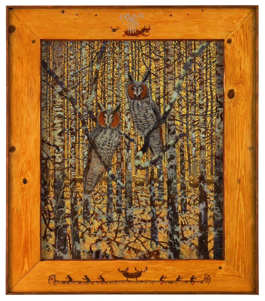 Painting of two owls perched on tree branches in a densely-wooded forest, with moose standing in the distant background