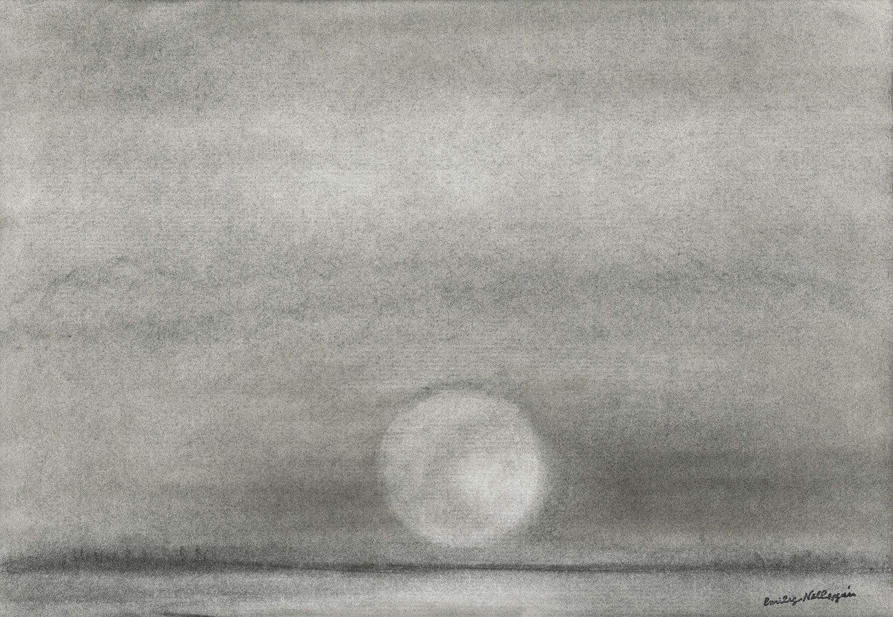 Charcoal landscape drawing of a large sun or moon, hanging low over a faint shoreline and reflecting on the water below