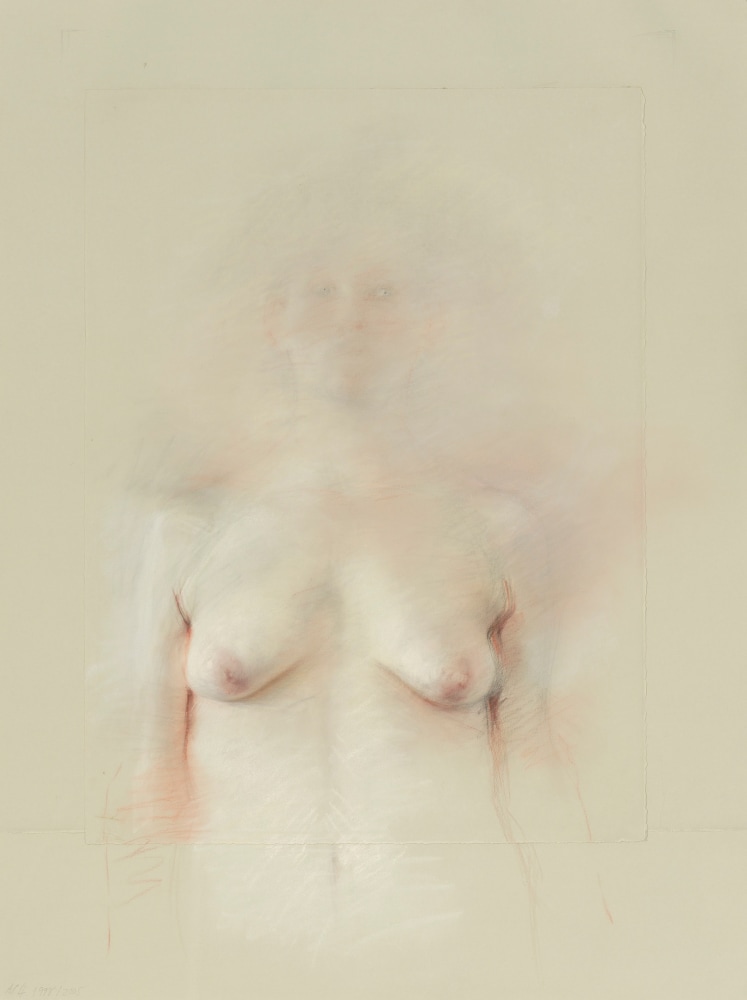 Pastel drawing of a figure whose skin begins to fade into an atmospheric beige background