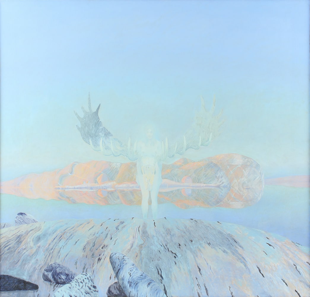 Surreal painting of a ghostly human figure with large antlers growing out of its shoulders, standing in the middle of a wintery landscape with a body of water in the background