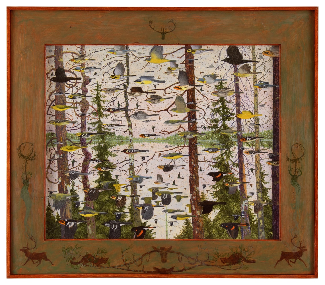 Landscape painting of a lake with a multitude of birds flying through it