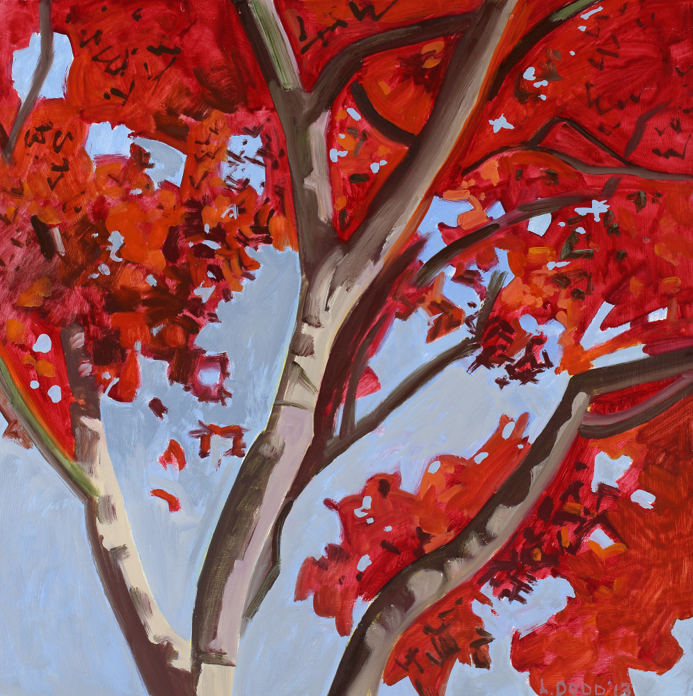 Painting of a grey tree with red leaves against a blue sky