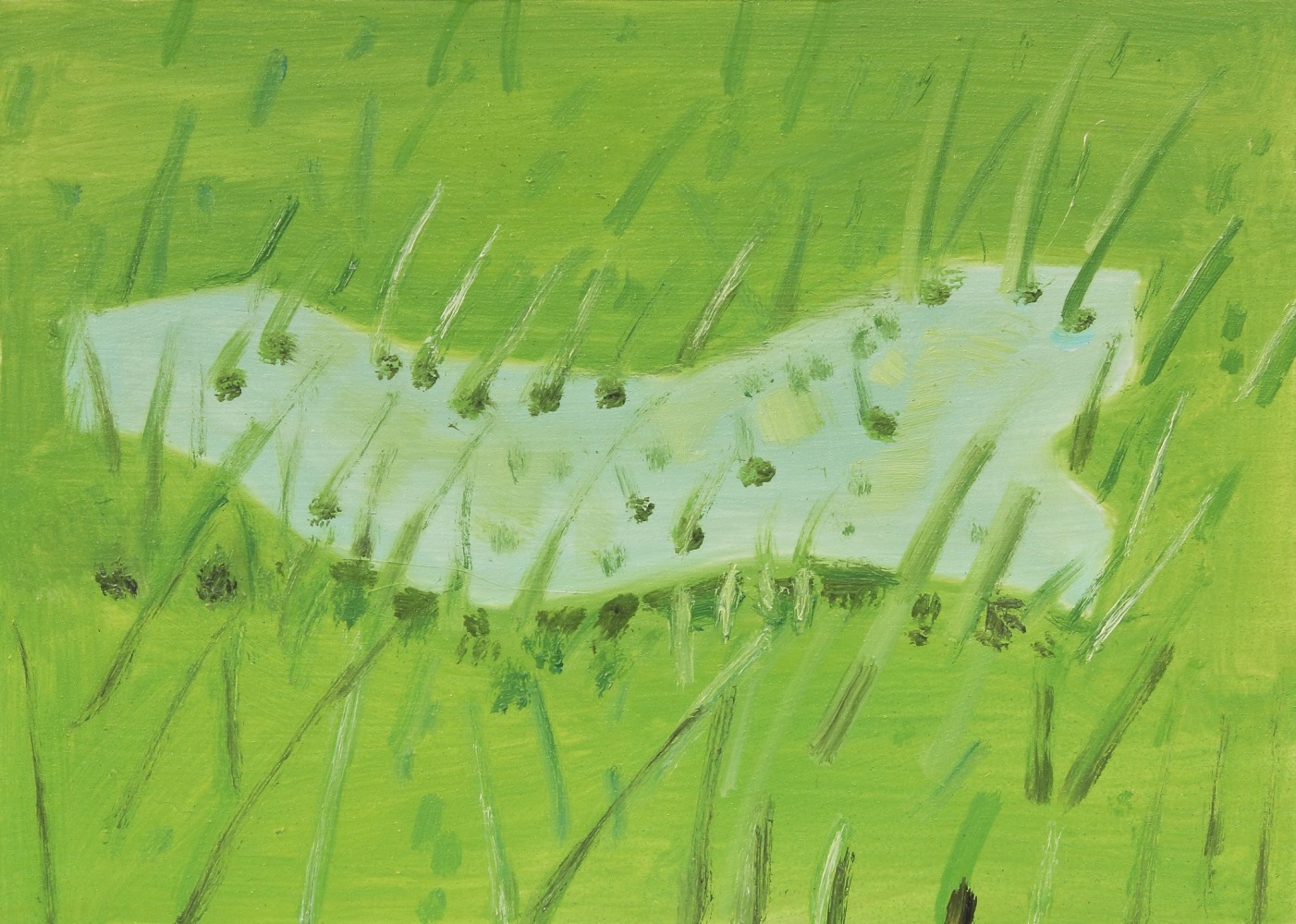 Painting of a light blue shape in the grass, with blades of grass poking out of it