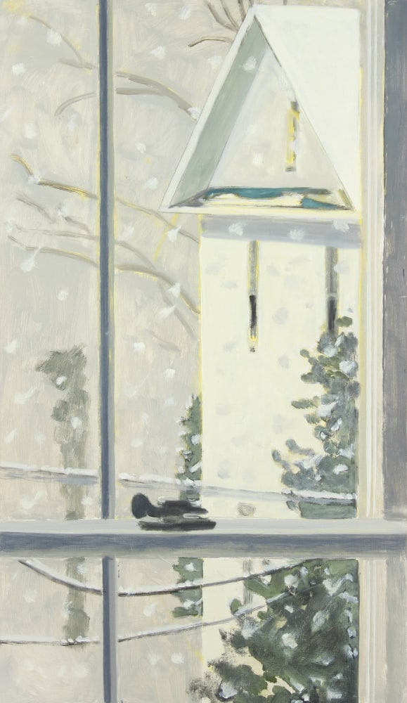 Painting of a view from an interior window looking out at a white building and snowy landscape