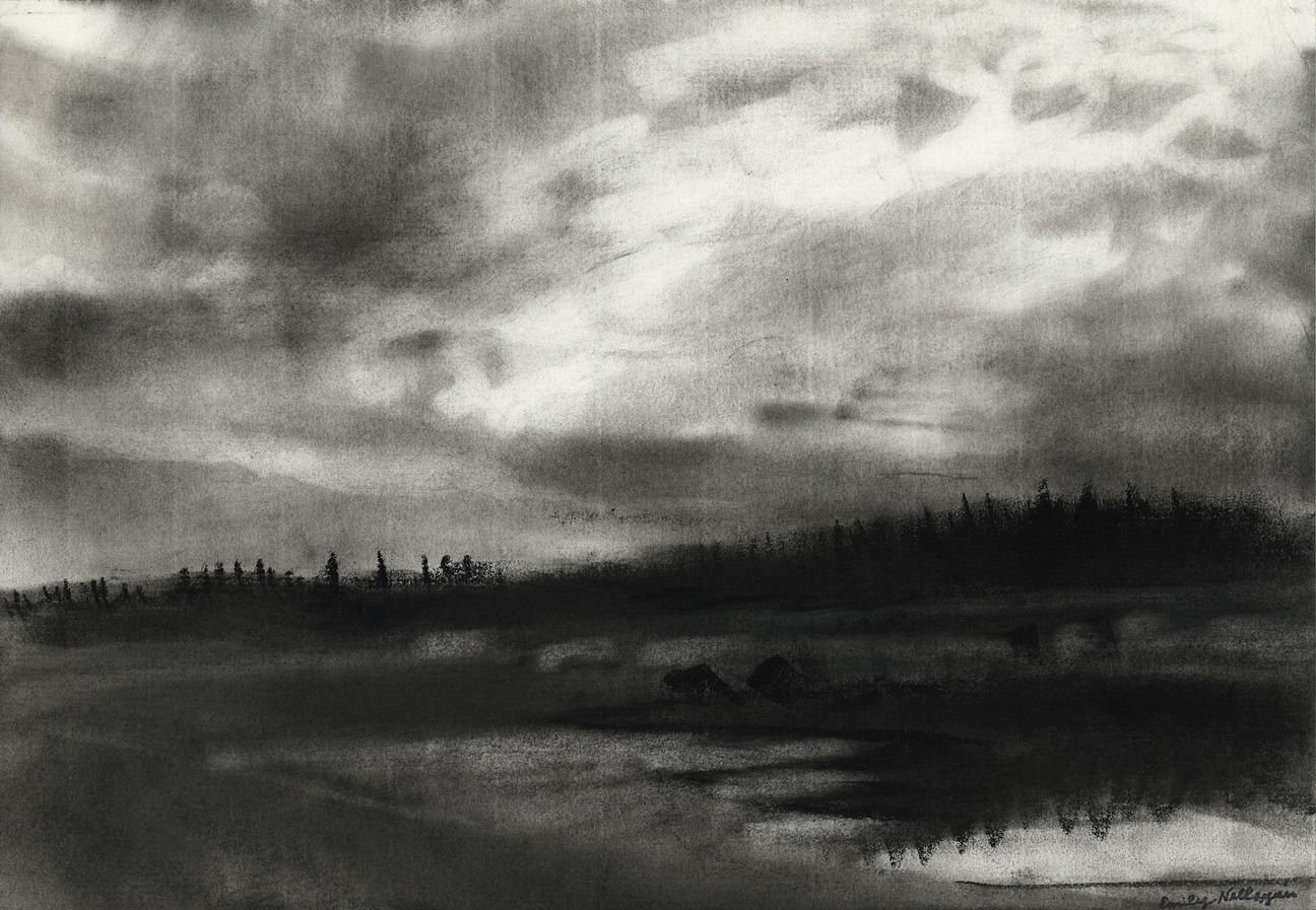 Charcoal landscape drawing of the sky, shoreline, and some water at dawn or dusk, with faint sunlight coming through soft clouds and reflecting off the water below