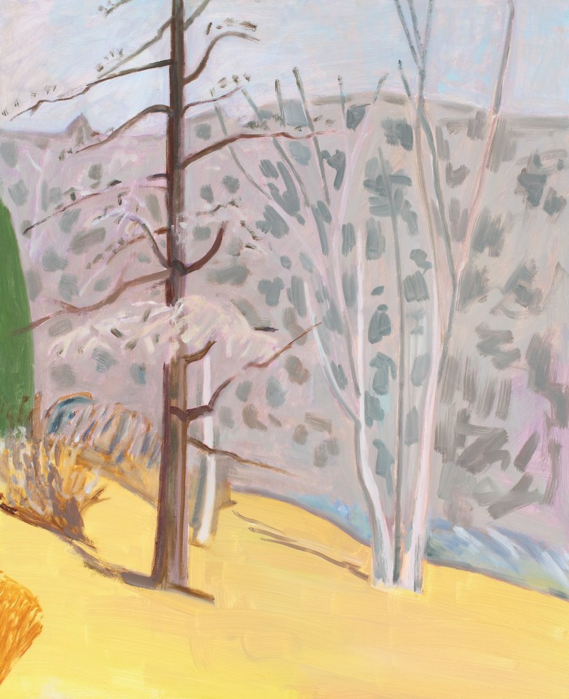 Painting of two leafless trees in a landscape