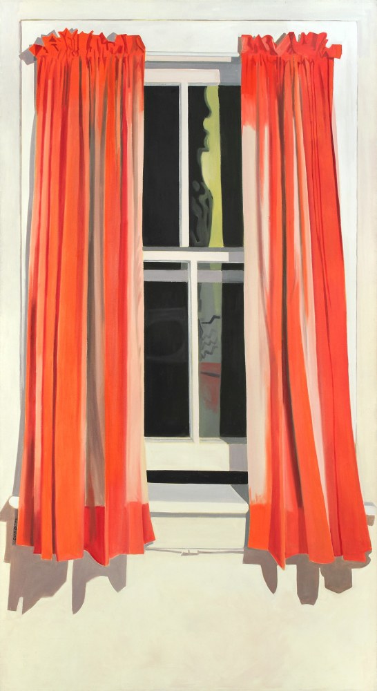 Painting of a window with red curtains in a brightly lit interior at night