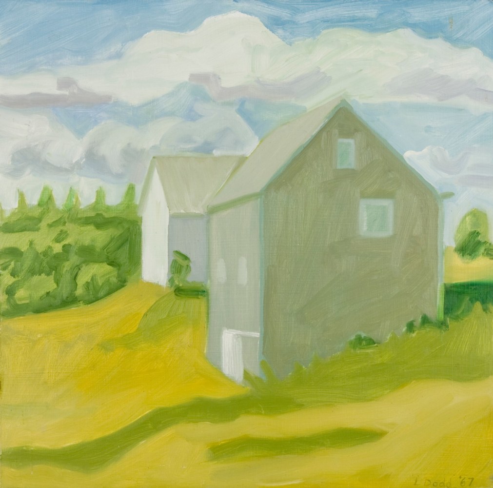Painting of two buildings surrounded by lush green landscape with a blue sky overhead