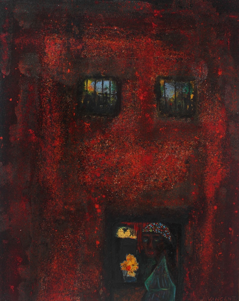 Abstracted, expressionist painting of a figure standing in front of a building with two bar-covered windows and an open door with a vase of flowers inside
