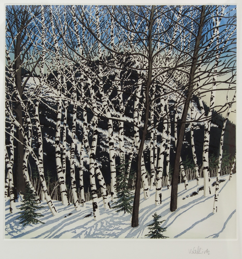Image of a cluster of birch trees on a snow-covered bank, with a dark mountain in the background