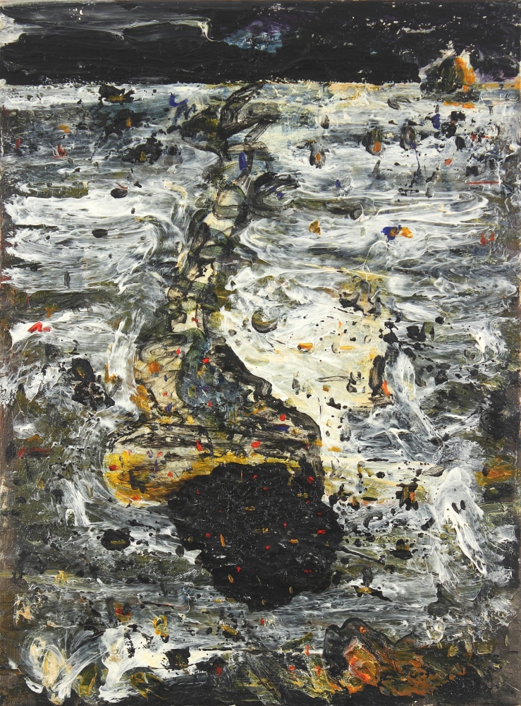 Abstract painting with black, red, yellow and orange marks on a textured white and black surface