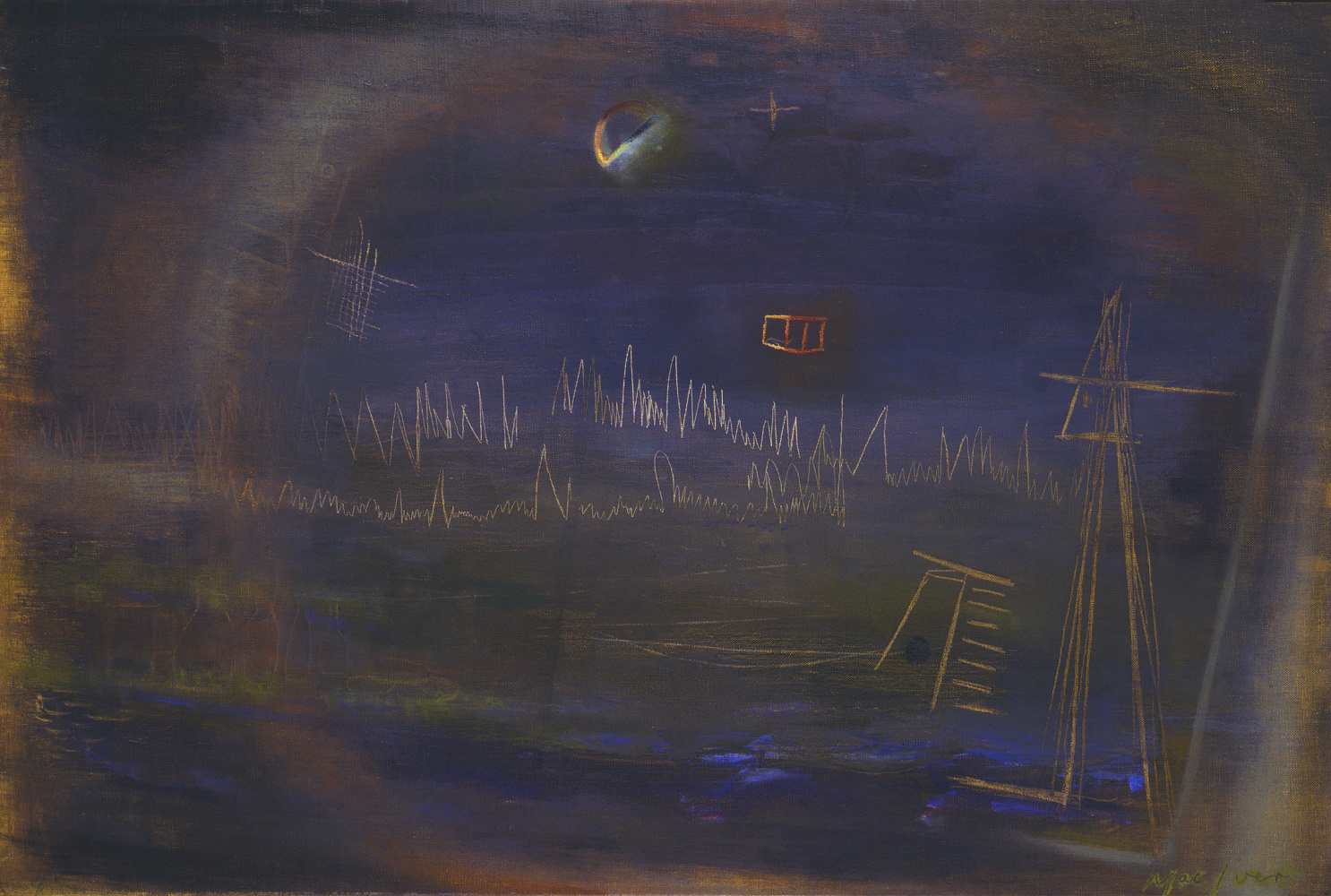 Painting of an atmospheric nocturnal scene with a moon and stars hanging over abstract architectural structures on the ground below