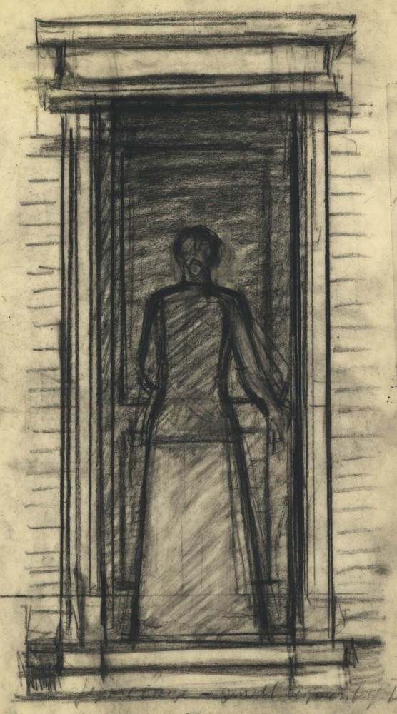 Charcoal drawing of a woman standing in an exterior doorway with her back to the viewer