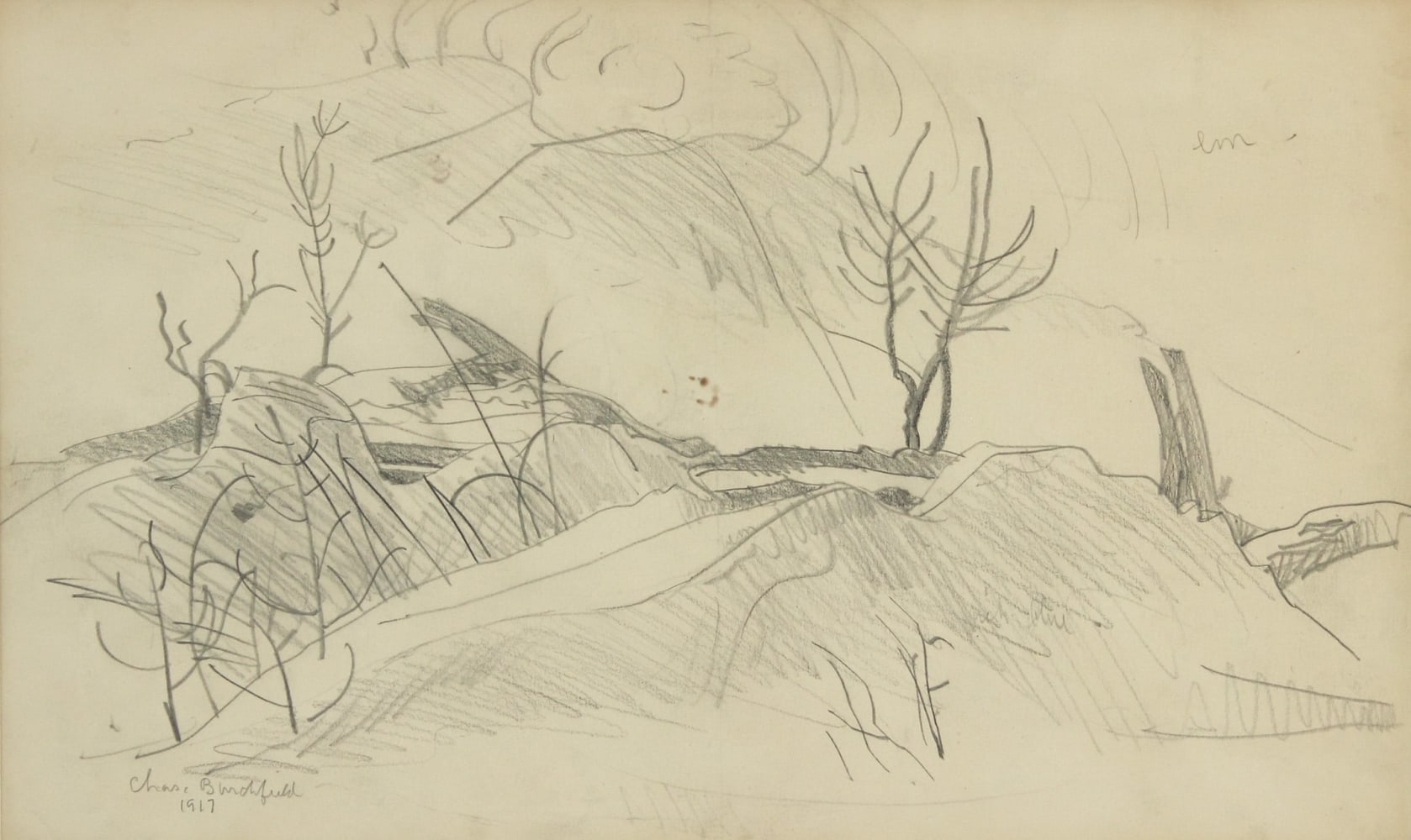 Pencil drawing of a landscape with hills, bare trees, and the sun overhead