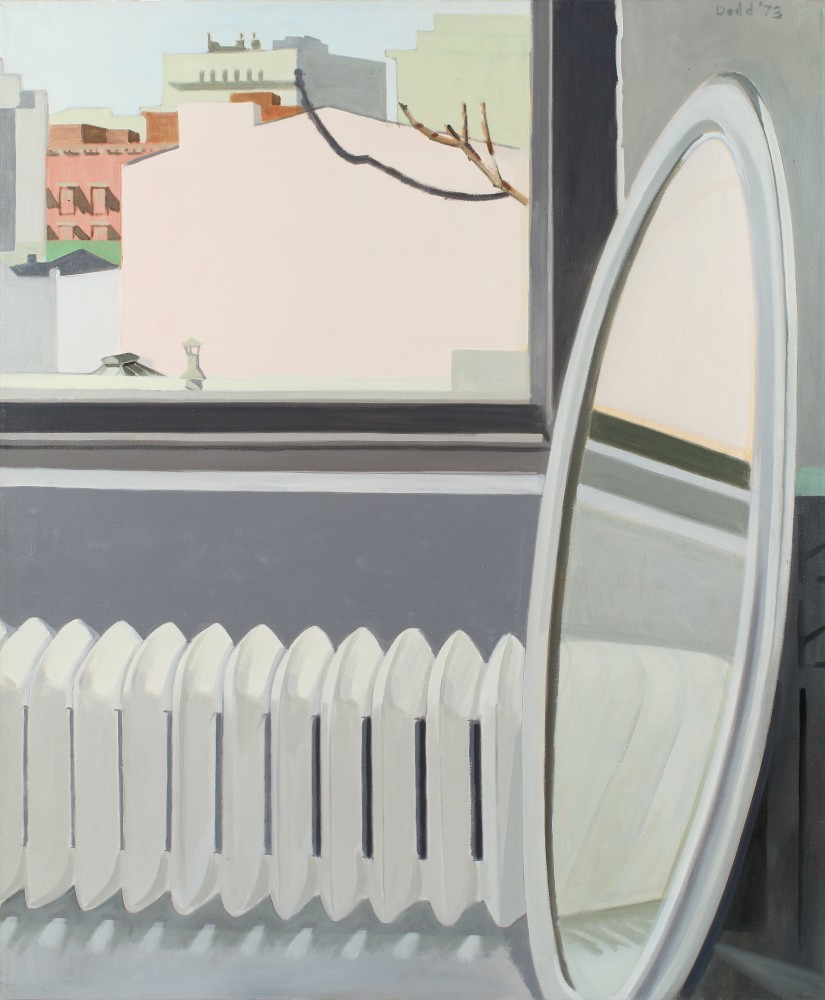 Window - Cityscape, Oval Mirror, 1972-73, oil on linen, 48 x 40 inches