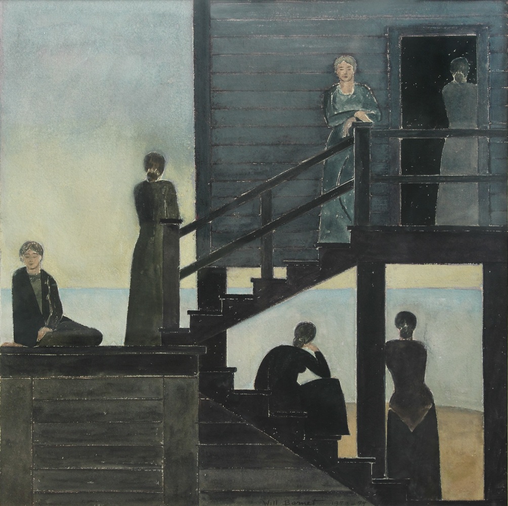 Watercolor drawing of six women standing and sitting on the stairs and deck of a building with a seascape in the background