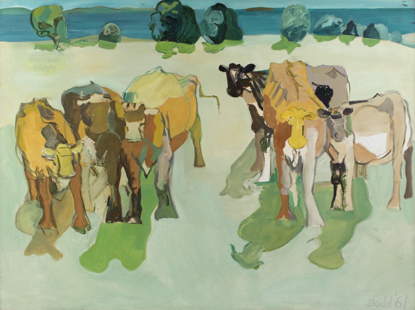 Painting of six cows standing in the grass, with shrubs and water in the background.