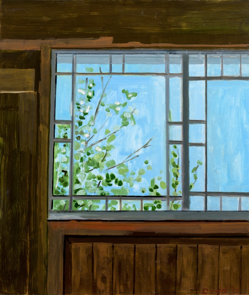 Painting of an interior of dark wood, with a window looking out to a green tree and blue sky
