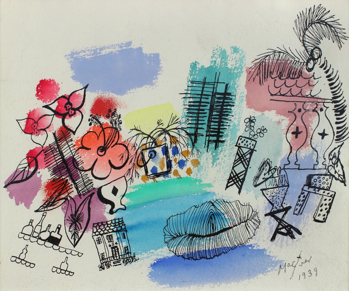 Painting made of black line drawings of household objects and furniture, arranged over patches of lavender, blue, green, yellow, mauve, and pink