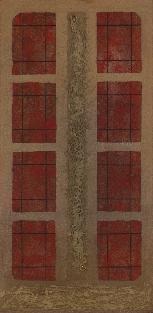 Painting of an abstracted sand-colored building form with eight red windows