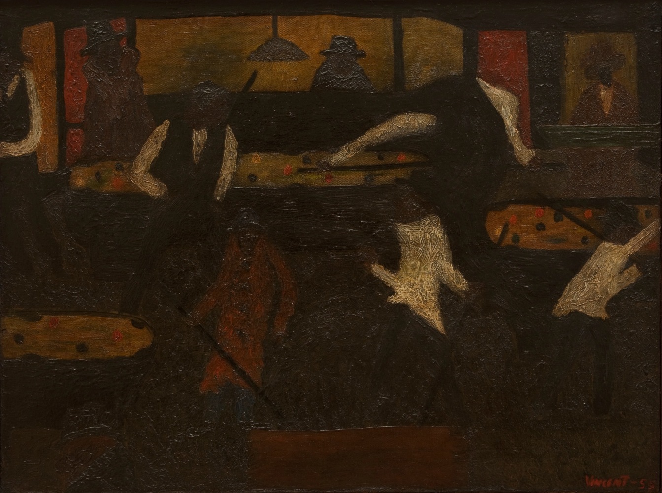 Abstracted, expressionist painting of a group of people inside a pool hall