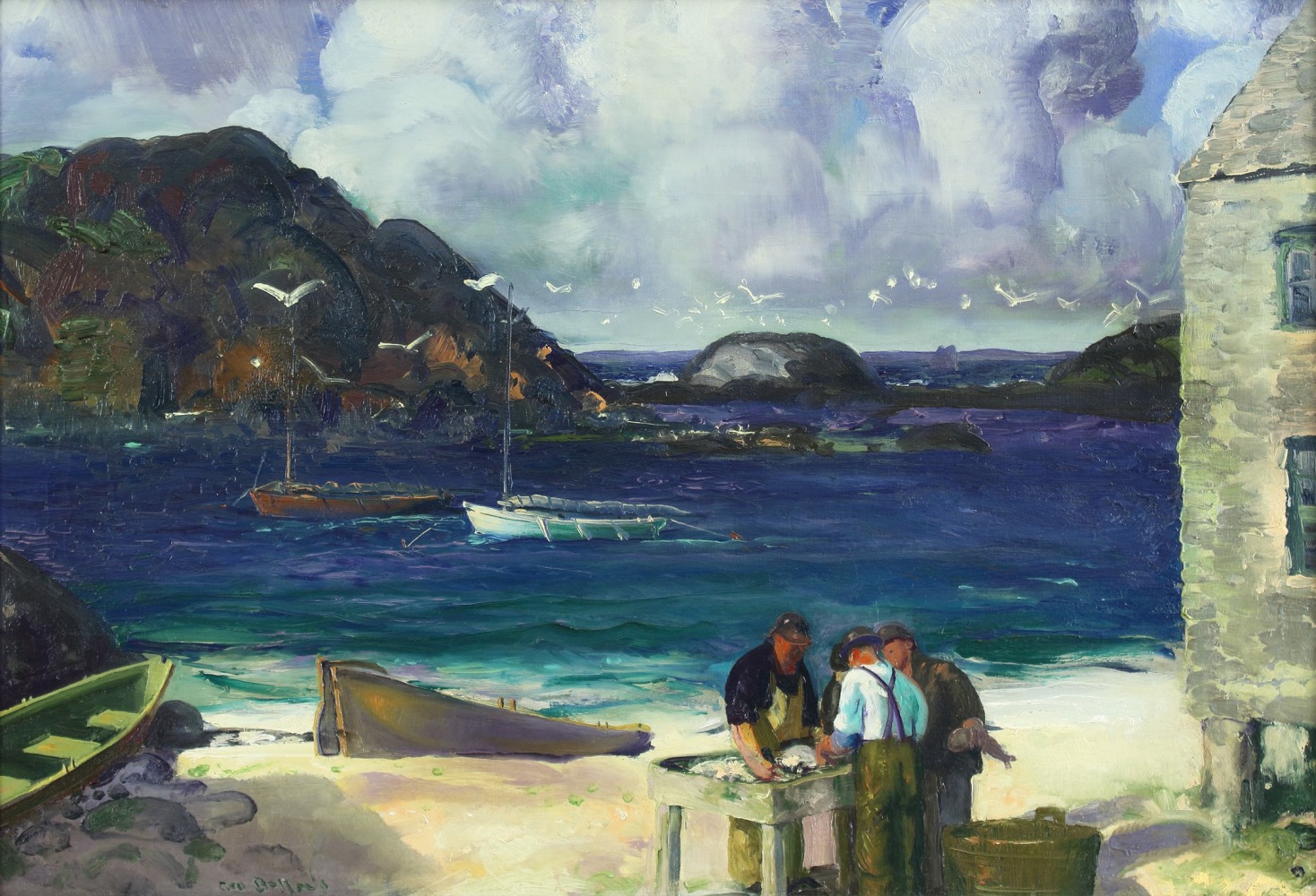Landscape painting of a seaside scene, with three figures standing over a table on the shore in the foreground, a building on stilts to the right, and the sea in the background with rocks, hills and boats, and a flock of white birds in the sky overhead