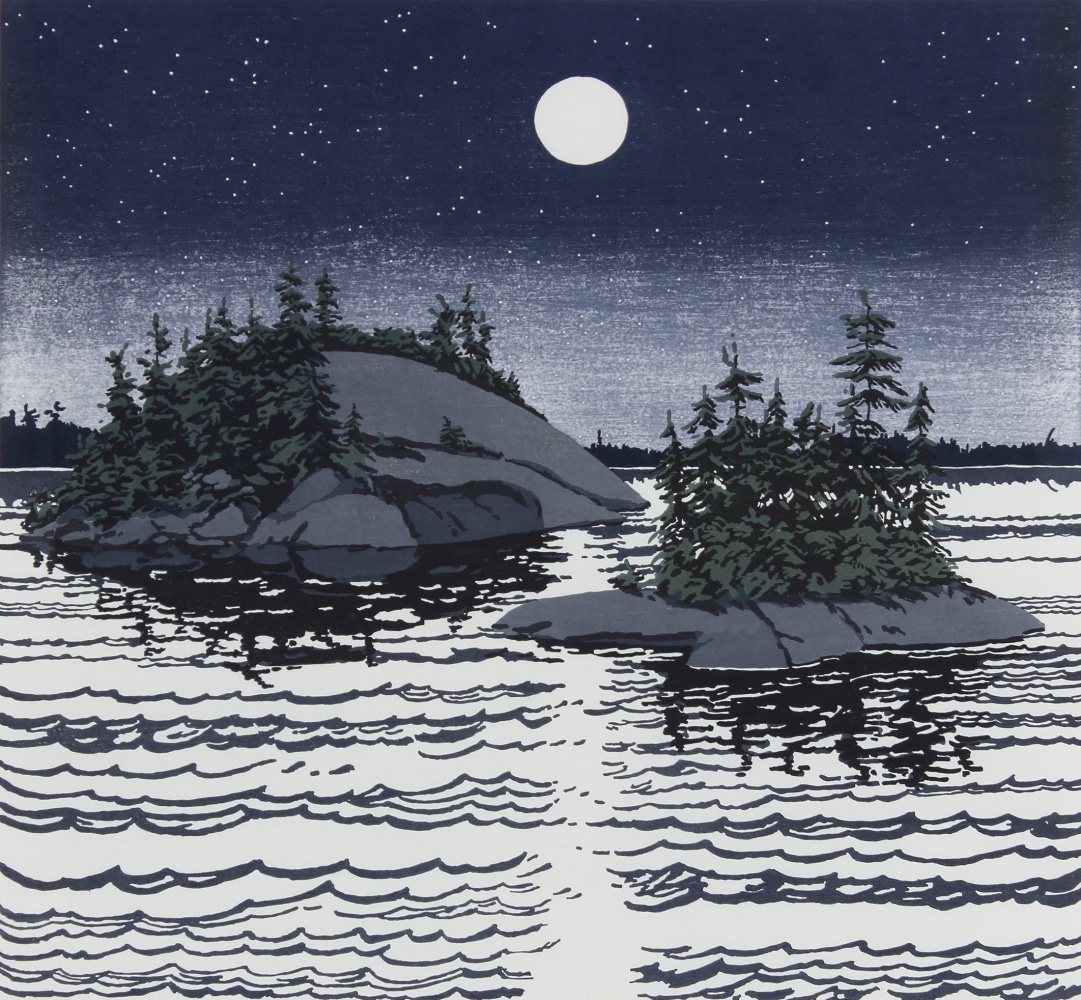 Woodcut of a nocturnal scene: two small landmasses emerging from the sea, illuminated by the full moon and stars overhead